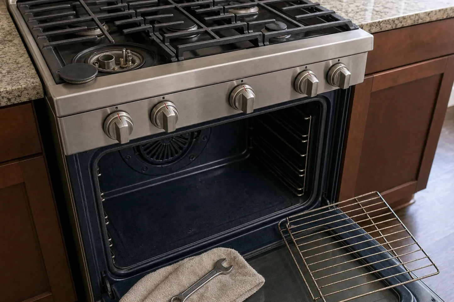 Cooktop burner stripped to its base with the electrode standing clear and the cap set aside