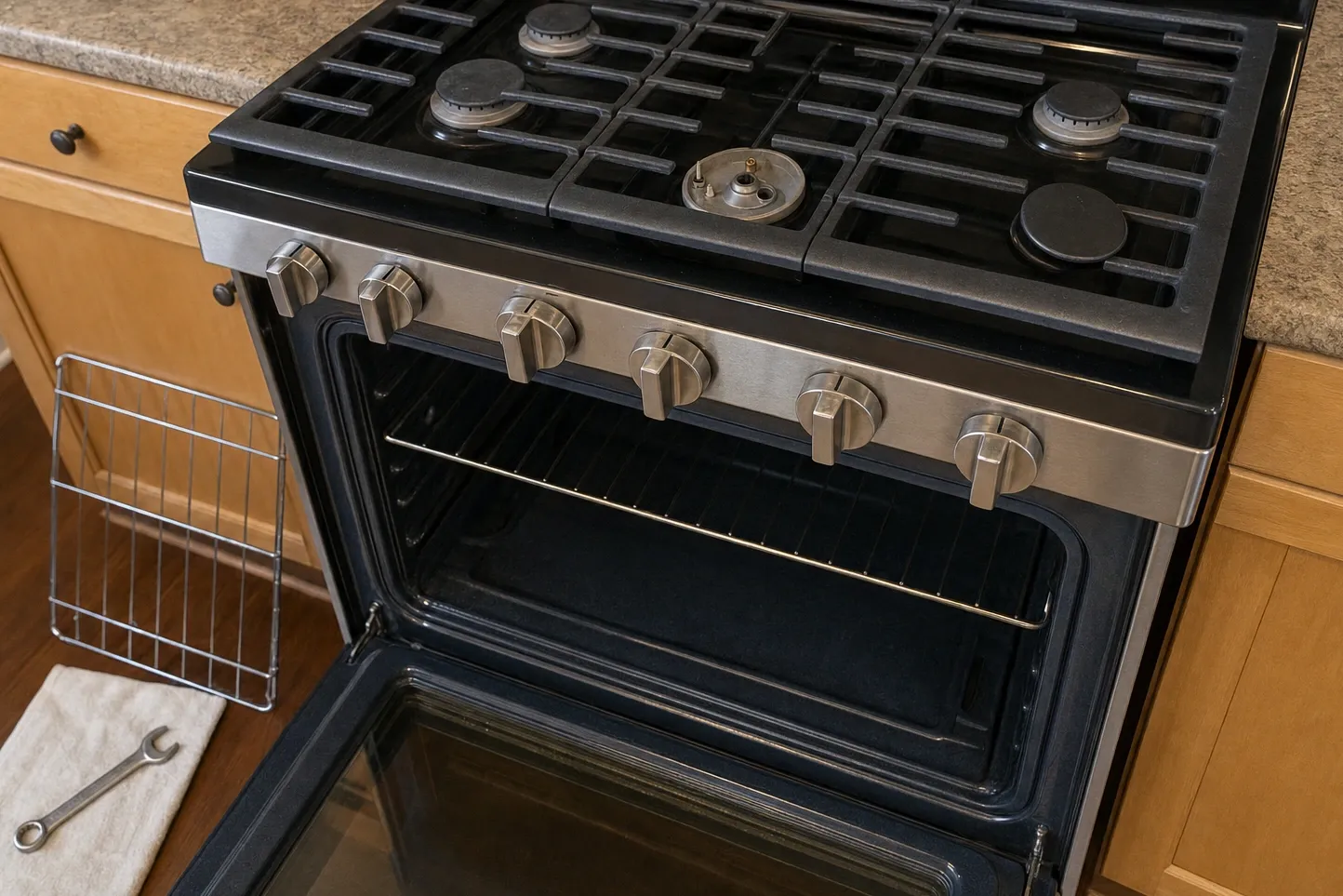Gas range in a kitchen with light oak cabinets, oven door open with one rack still on its rails