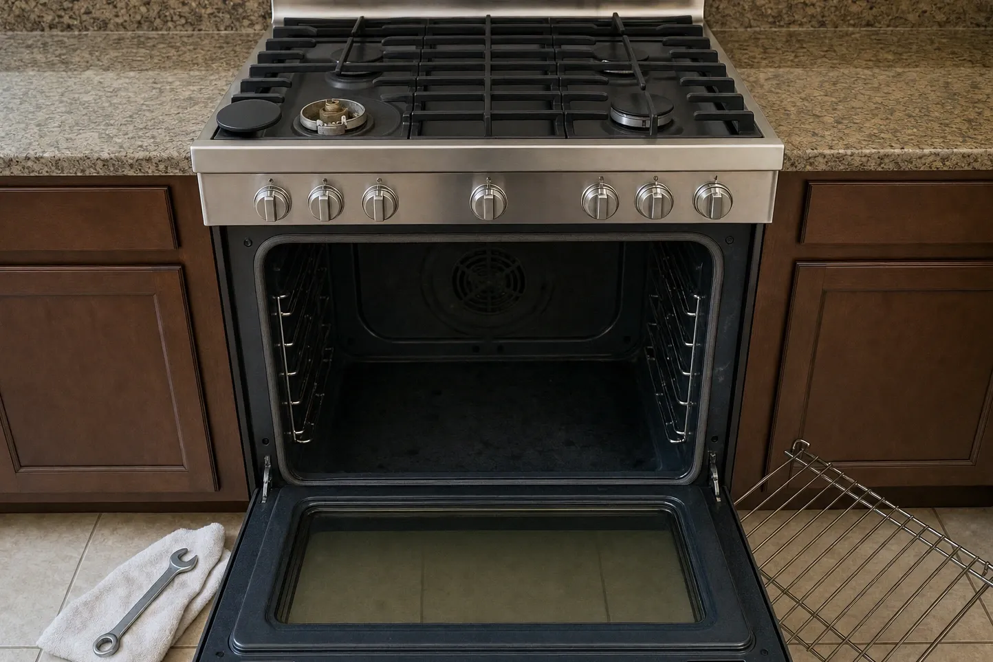Open oven cavity with both rack rails bare and the circular convection cover centred on the back wall