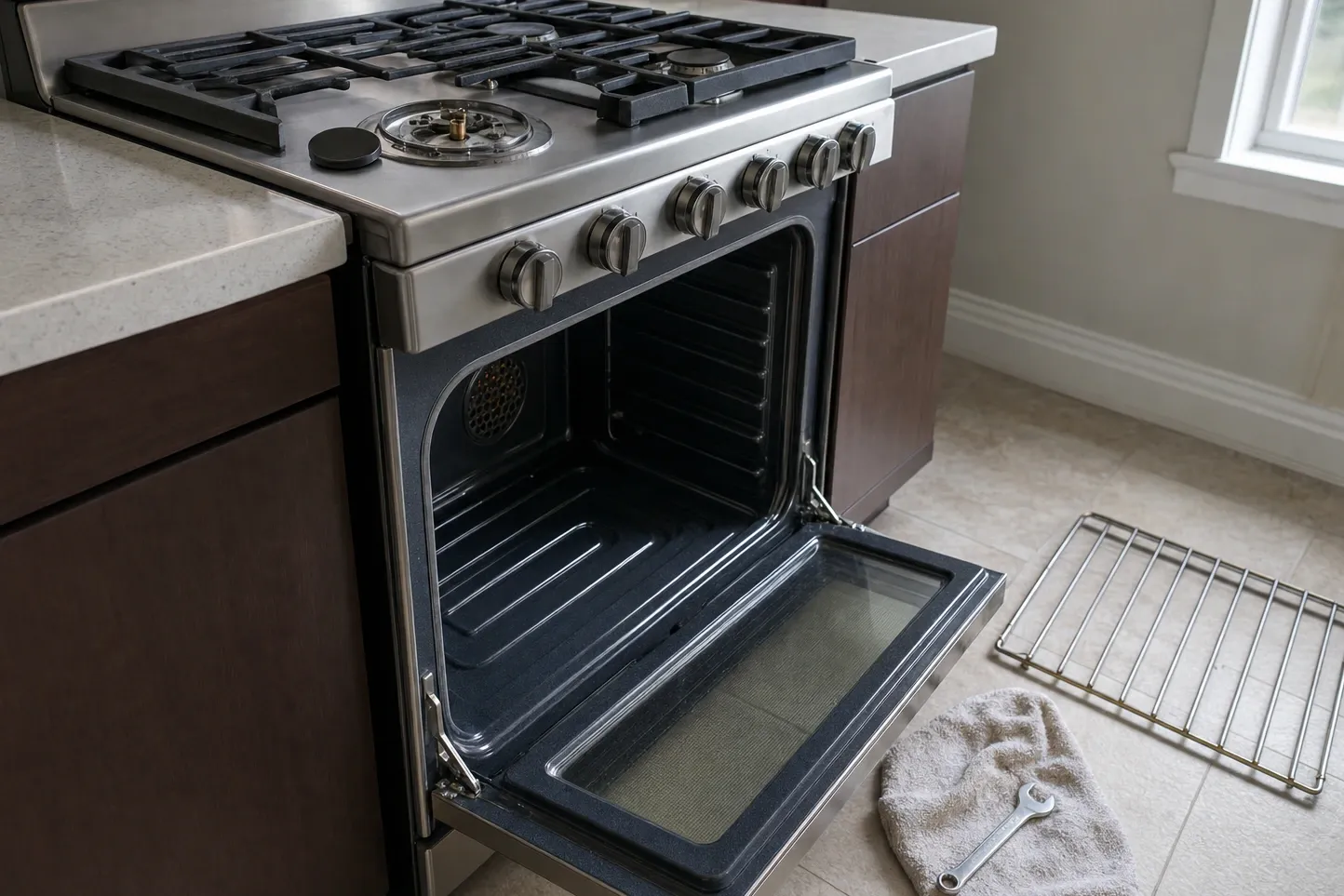 Gas range beside a window with a burner head exposed in the foreground and the oven door lowered flat