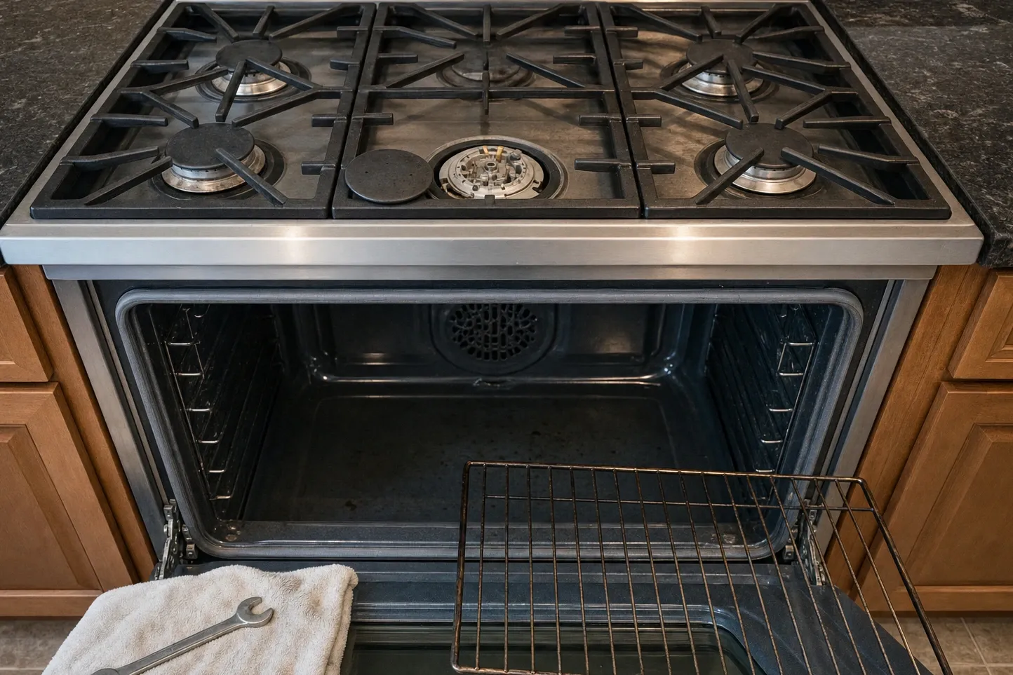 Stainless gas range seen from above with one burner cap lifted off, the burner head and its orifice uncovered, and the oven standing open below