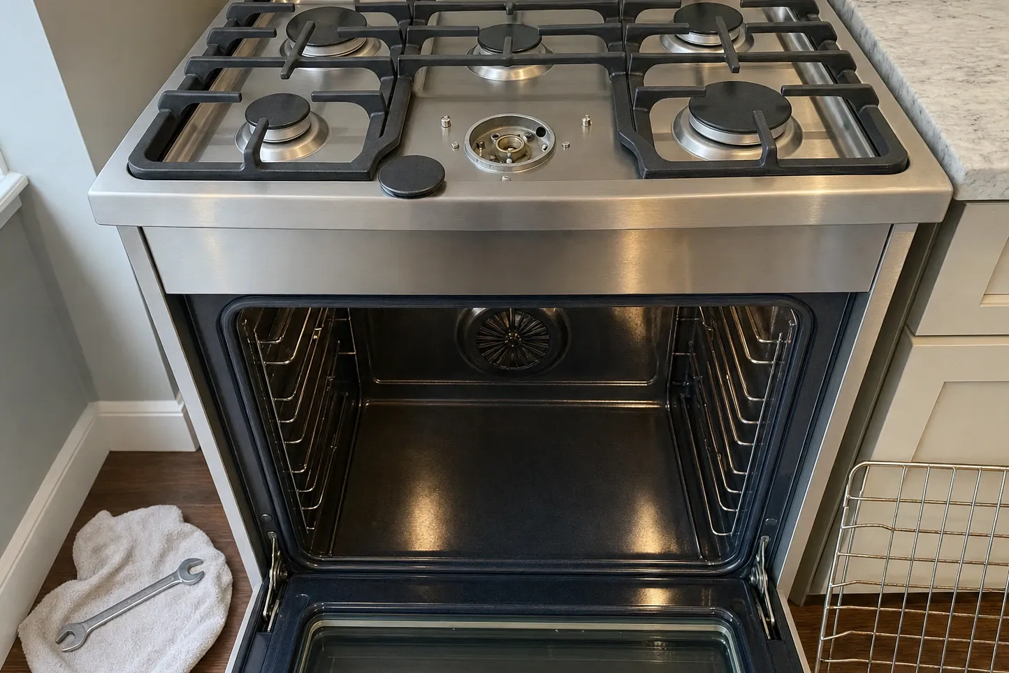 Stainless range under a white marble counter with the centre burner stripped to its base and the round convection cover visible at the back of the open oven