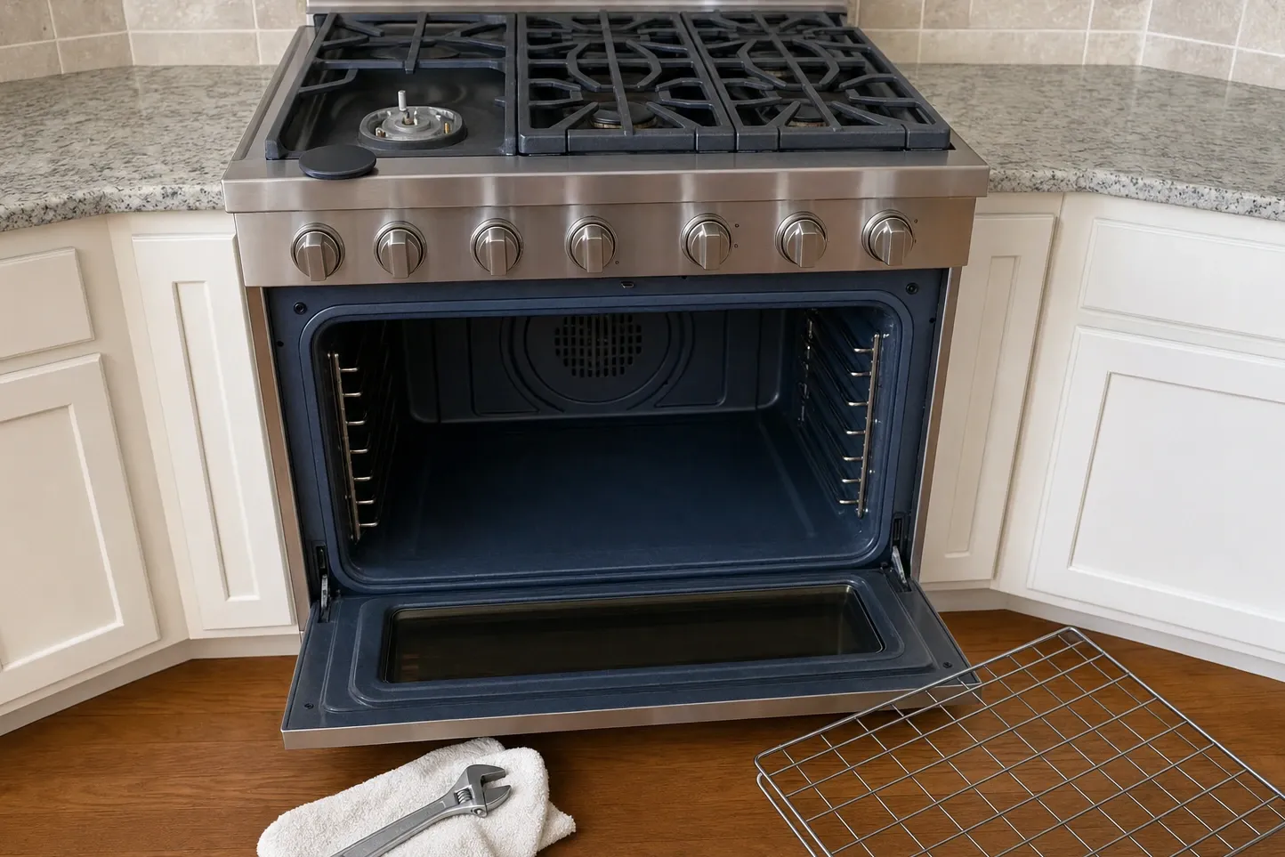 Wide professional-style gas range with seven knobs and heavy cast grates, one burner uncovered and the oven door open on a deep cavity