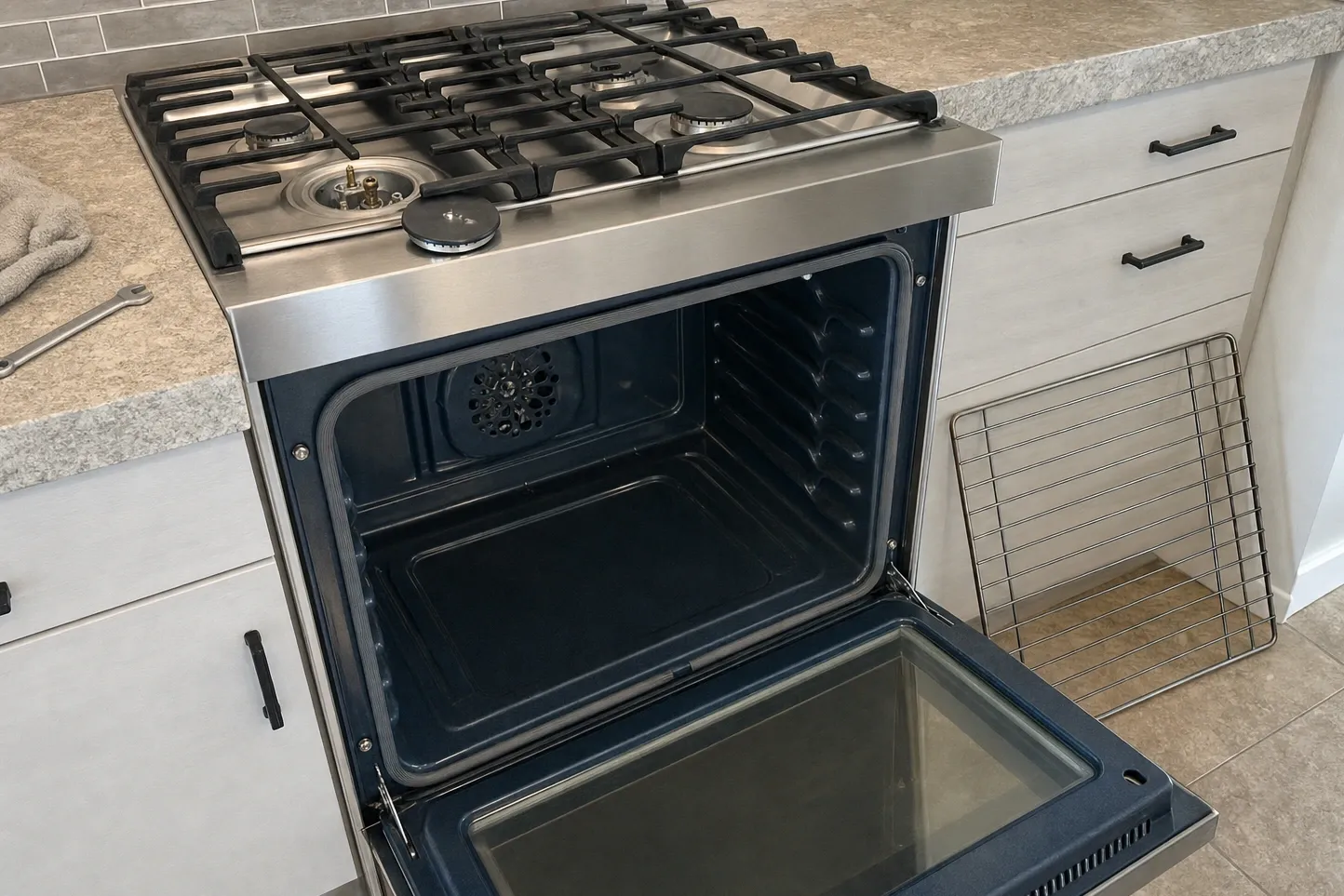 Stainless range in a grey modern kitchen with a tiled backsplash, one burner opened up and the oven door lowered flat over an empty cavity