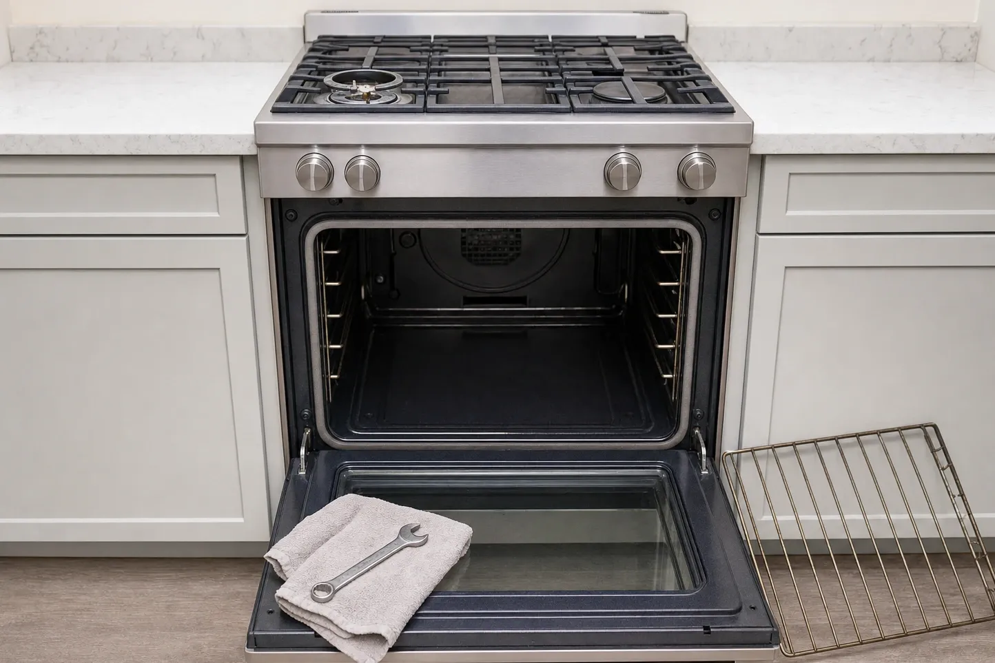 Stainless range in a pale sage shaker kitchen photographed straight on, the oven door lowered flat and a towel with a wrench resting on it
