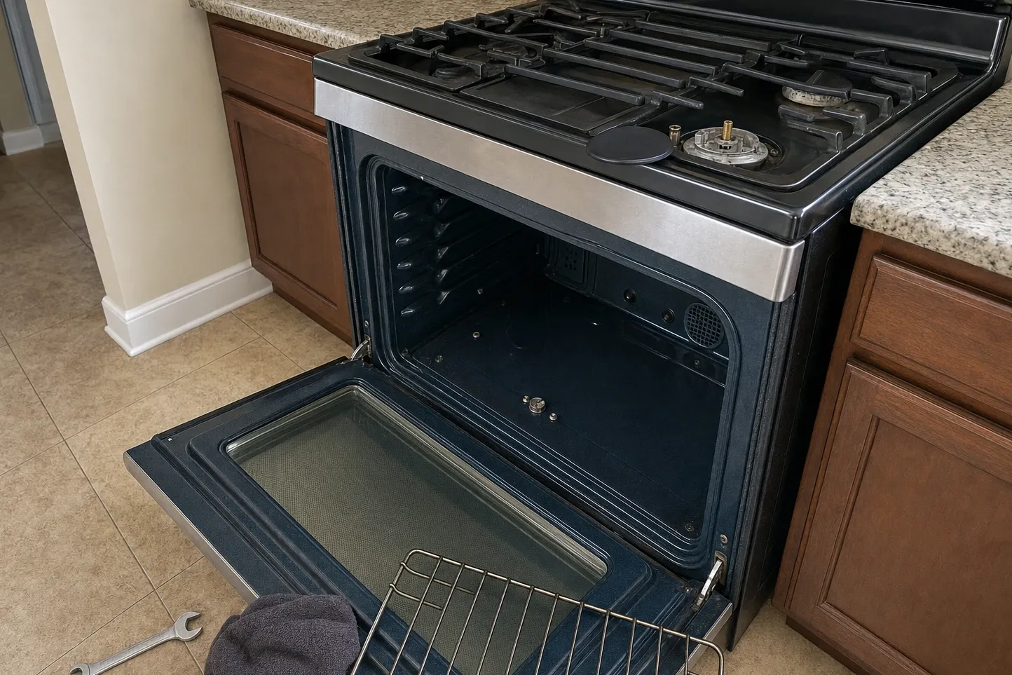 Black-topped gas range in an older kitchen with tan tile and brown cabinets, the oven door lowered flat over a deep blue-grey cavity