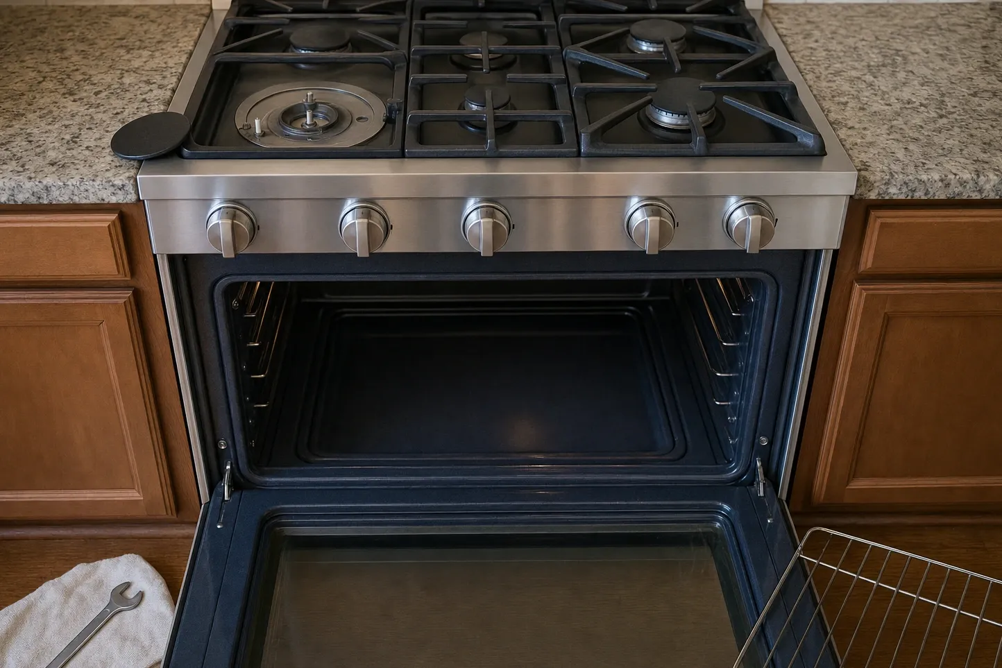 Stainless gas range set in speckled granite with five knobs, one burner stripped to its brass ring and the oven door lowered flat